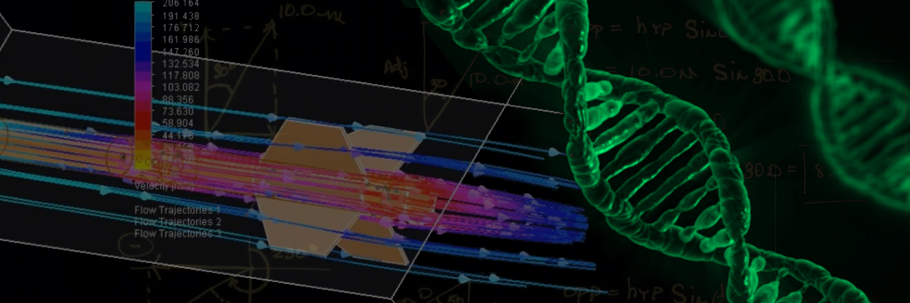 A Montage Of A Rocket Test, DNA Helix, And Handwritten Equations.