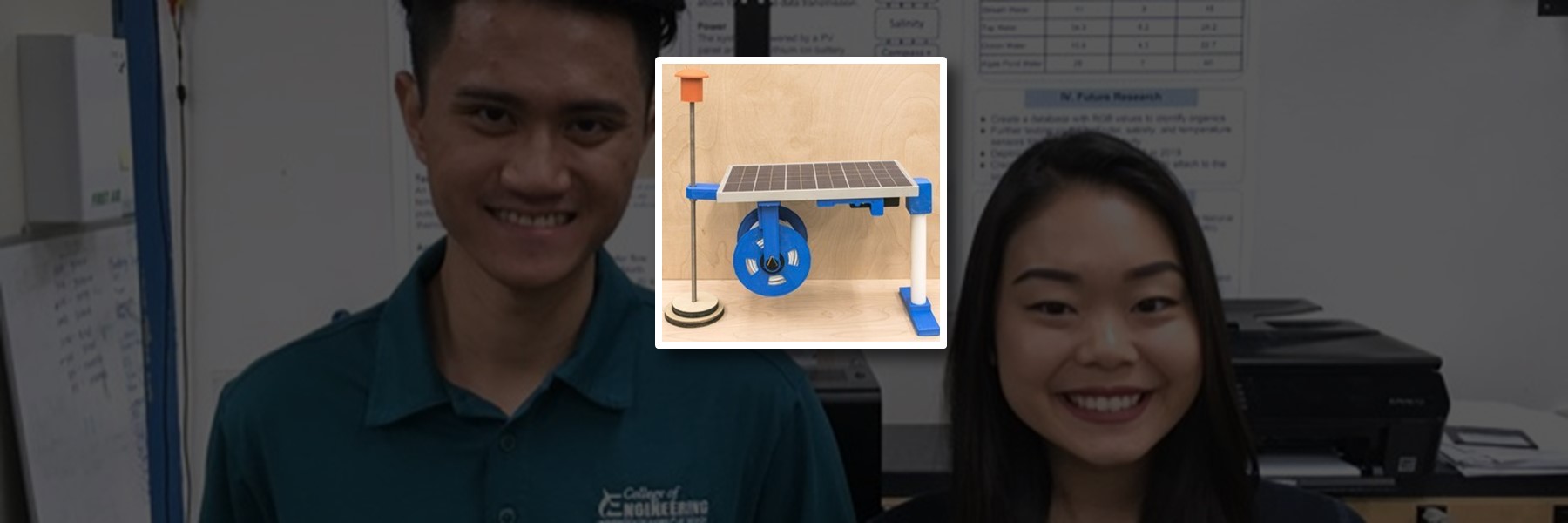 Photo Of Engineering Students Jie Zhou And Tamra Oyama And Their Waterwheel Invention.