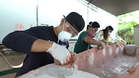 Students sanding a canoe
